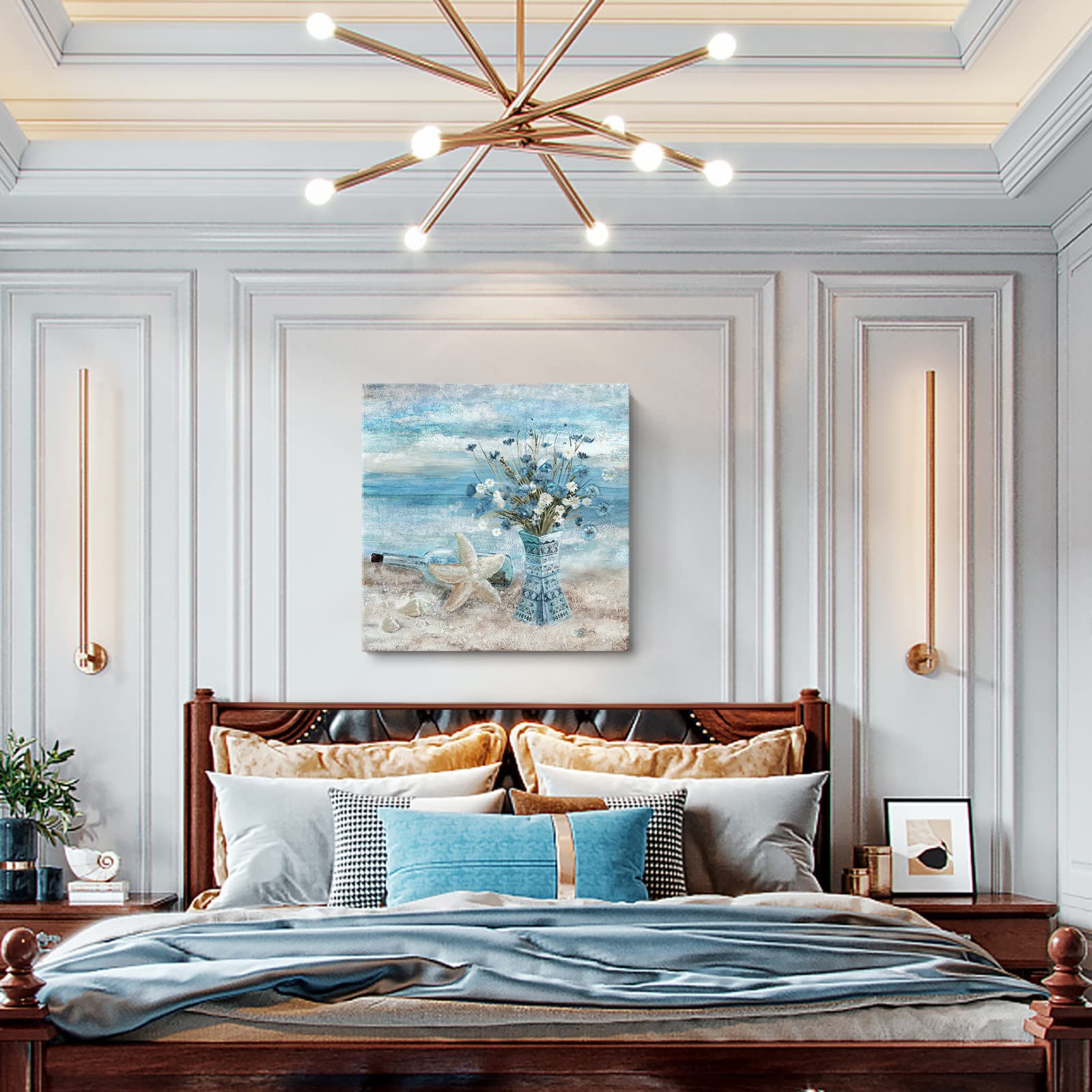 Beach Wall Art for Living Room Blue Ocean Theme Canvas Print Modern Abstract Coastal Picture Seascape Painting Daisy Flower in Indian Vase Framed Artwork for Seaside Bedroom Bathroom Office 24x24inch